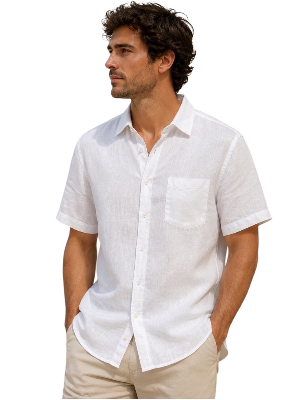 Thom Aaron 100% Linen White Short Sleeve Button Up Shirt Men's Large